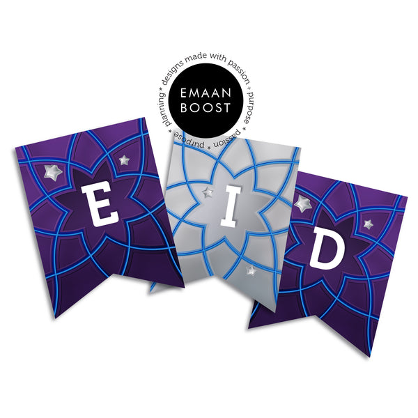 EID Mubarak (Golden Garden design) + EID Mubarak (Purple nights) reversible/reusable Bunting